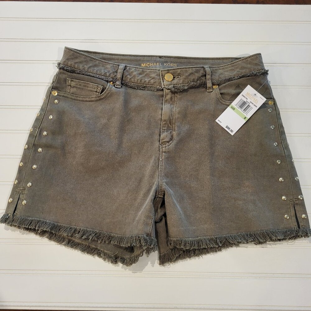 NWT Michael Kors Safari Green Basics Shorts, Size 8, Raw Edge, Gold Accents